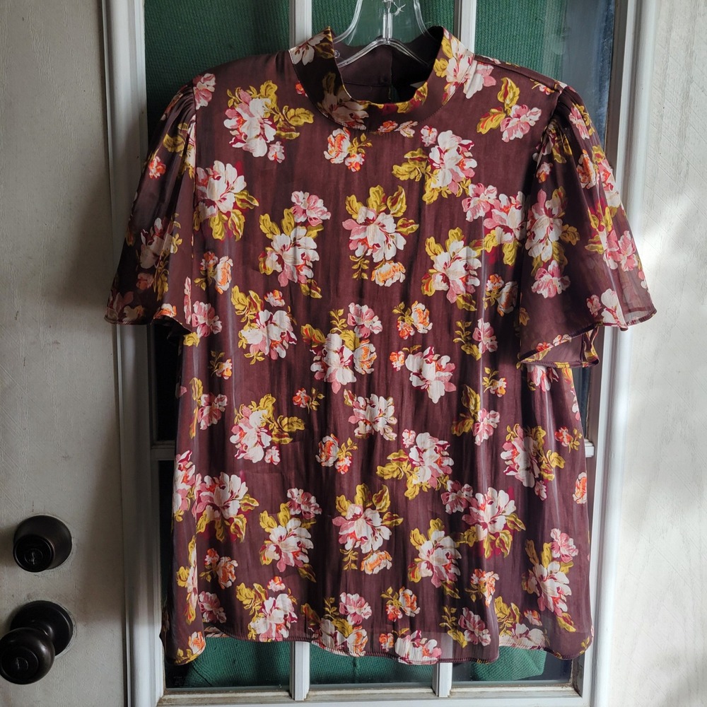 LC Lauren Conrad Womens Floral Mock Neck Flutter Sleeve Blouse Burgundy Brown L